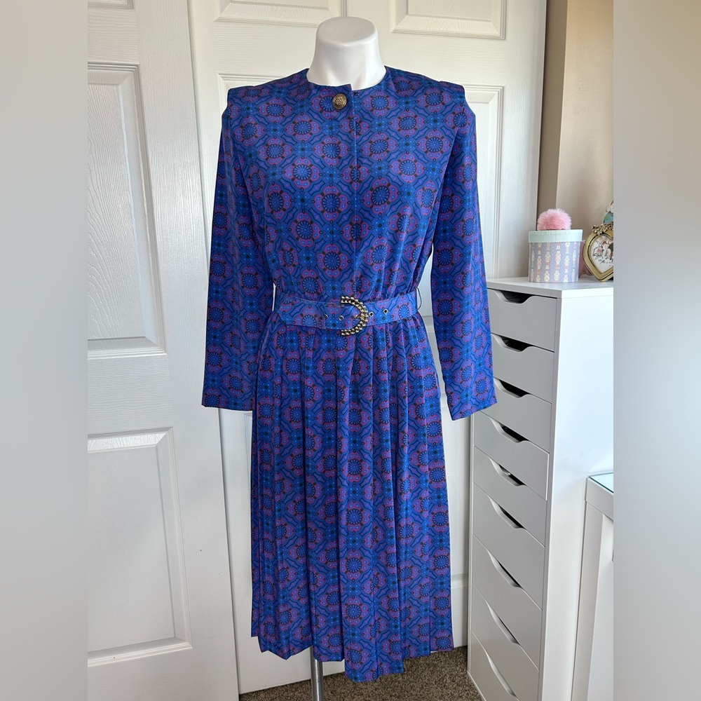 Leslie Fay Vintage Dress Blue Medallion Print